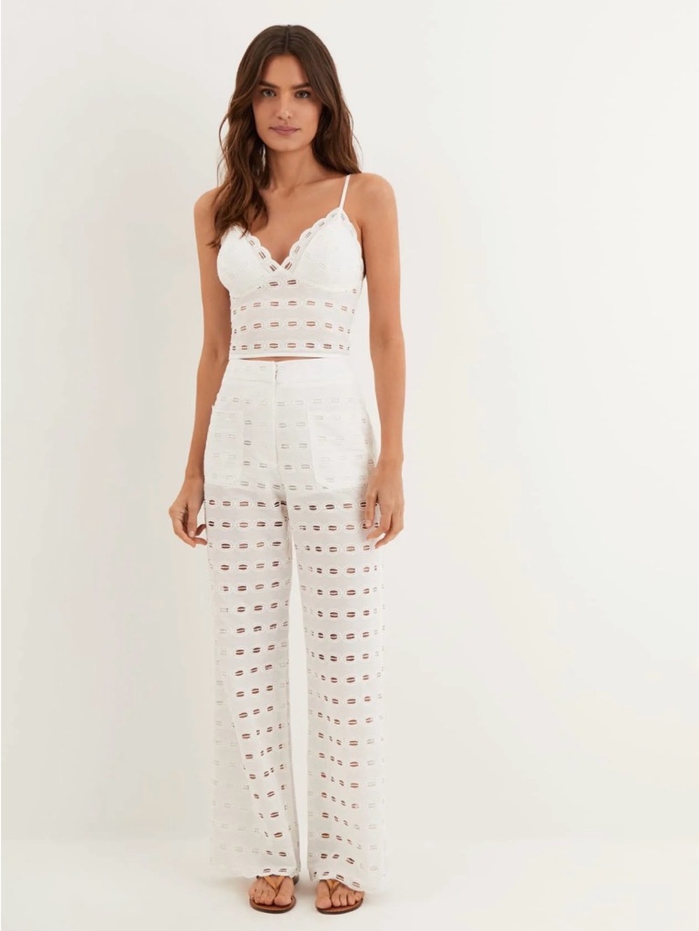 Vix White Eyelet Wide-Leg Pants